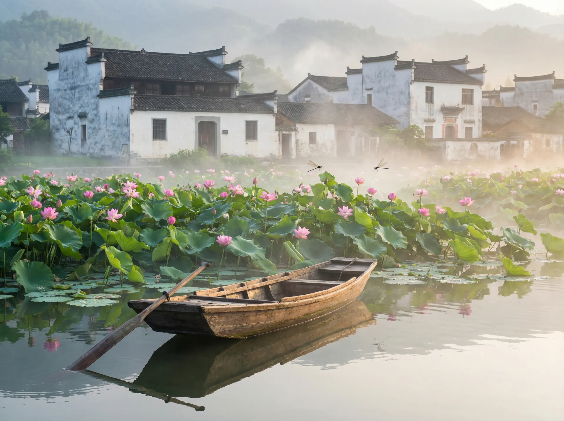 清晨荷塘小舟，粉色荷花盛开，白墙黑瓦的村庄 - 土地公 登陆 水乡风情